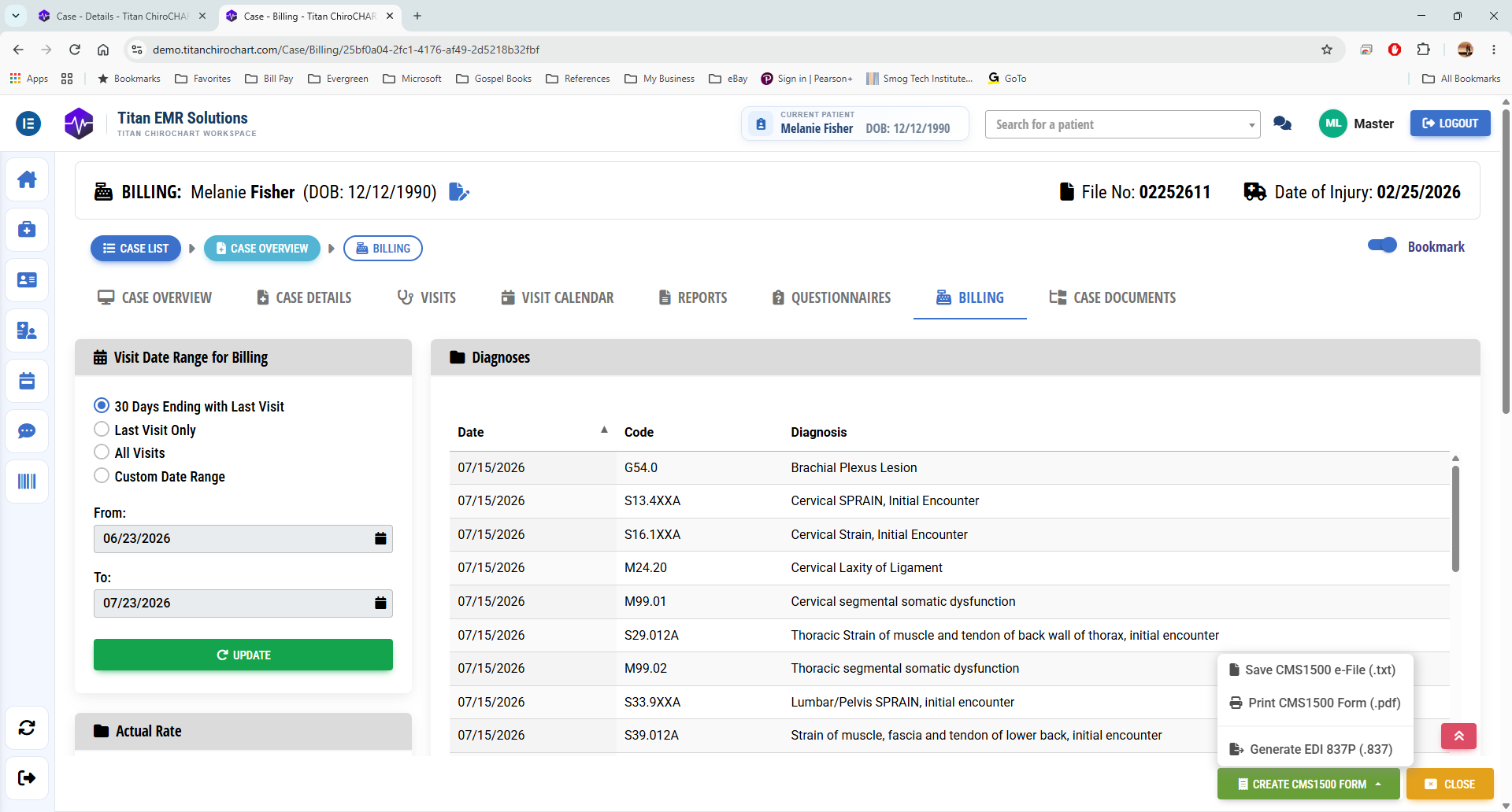 Titan chiropractic billing management screen