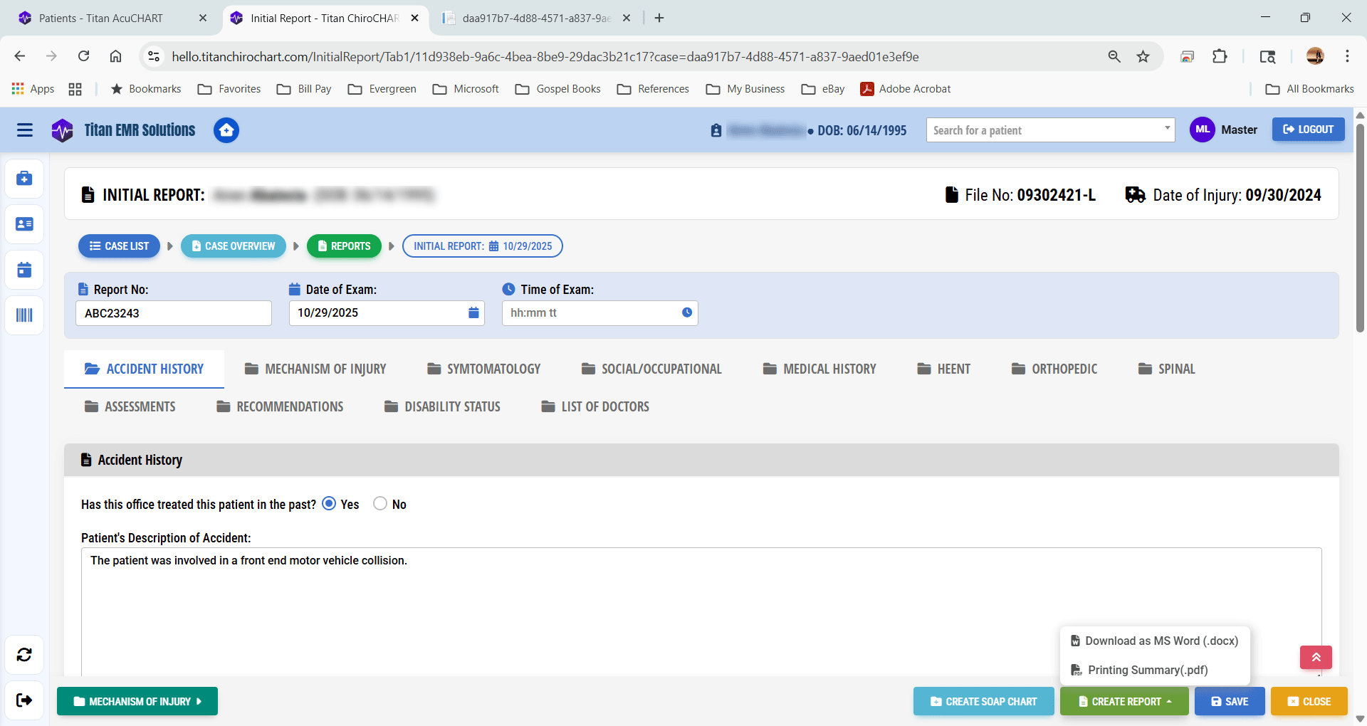 Narrative report data entry screen